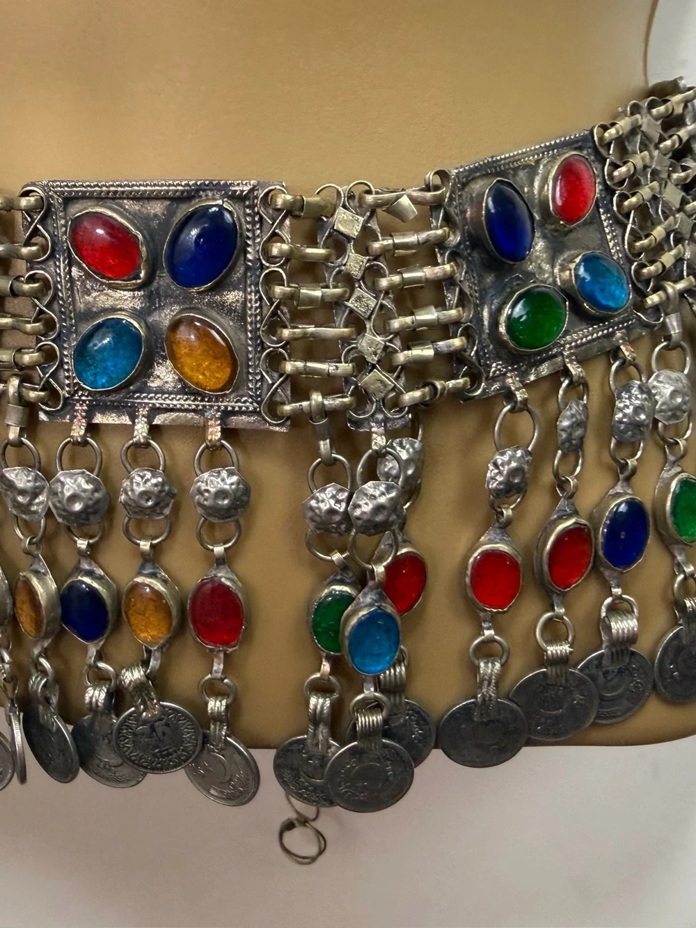 Vintage Kuchi Multicolor Glass Stones Tribal Boho Festival Dangling Coin Belt